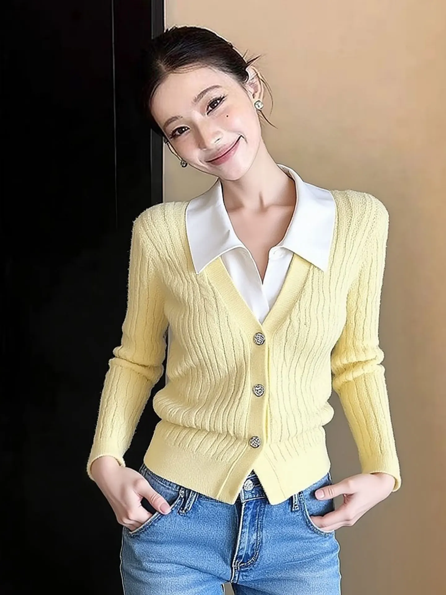 

Женская приталенная вязаная кофта с длинным рукавом в корейском стиле, базовый слой, модная весенняя верхняя одежда для повседневной носки, сохраняющая тепло