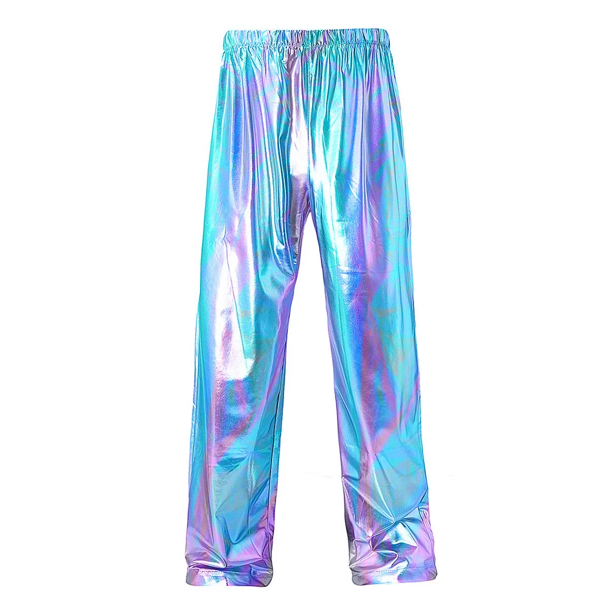 

2025 Men's Glossy High Waisted Pants Street Wide Leg Floor Length Trousers Elastic Waist Party Joggers Festival Stage Night Out