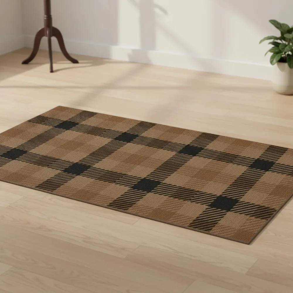 

2x4 Runner Rug Jute Brown Checkered - Easy Care Non-Slip Indoor Entryway Kitchen Living Room Farmhouse Decor