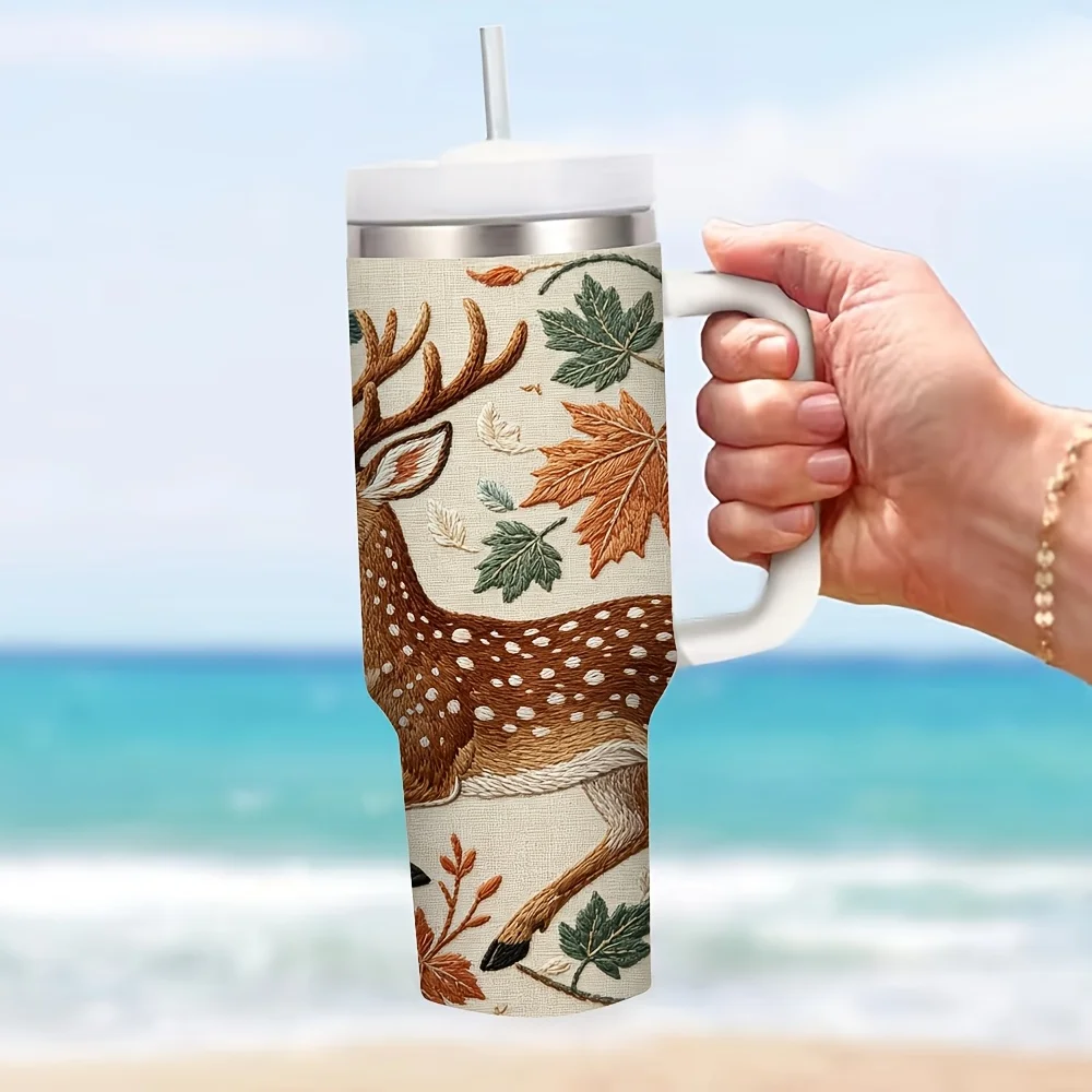 40oz Tumbler with Handle, Vintage Embroidered Deer Autumn Maple Leaves Print Insulated Cup Suitable for Hikers Campers Office Workers Travelers Ideal for Camping Hiking Picnic Office Commuting Daily Use All Year Round