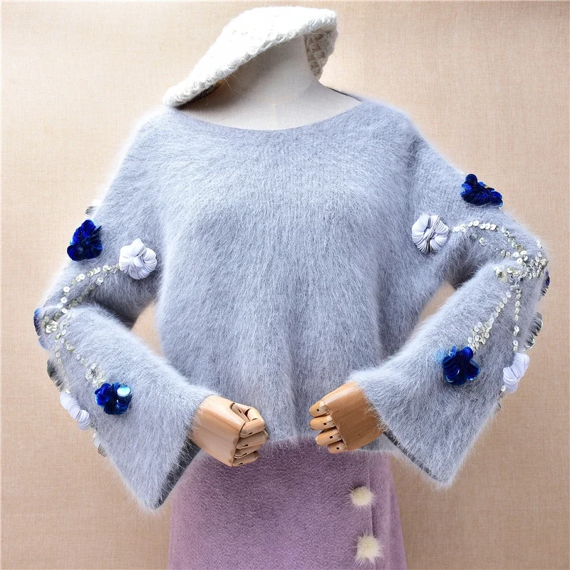 

Ladies Women Autumn Winter Clothing Grey Beading Sequins Hairy Angora Rabbit Hair Slash Neck Crop Top Loose Pullover Sweater