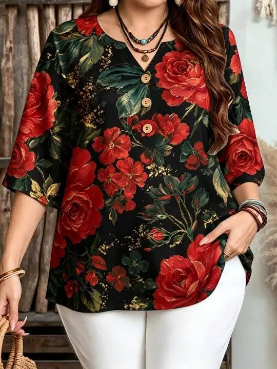 Women Vintage Oil Painting Floral All‑Over Print Blouse For Curvy Figures Notched Neck 3/4 Sleeve Loose Casual Ladies Tops