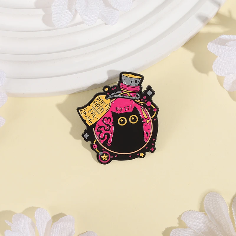 Cartoon Witch Black Cat Elf Enamel Pin Don't Open Evil Inside Big Eyes Kitten Brooch Lapel Badge Funny Jewelry Gift for Friends image 4