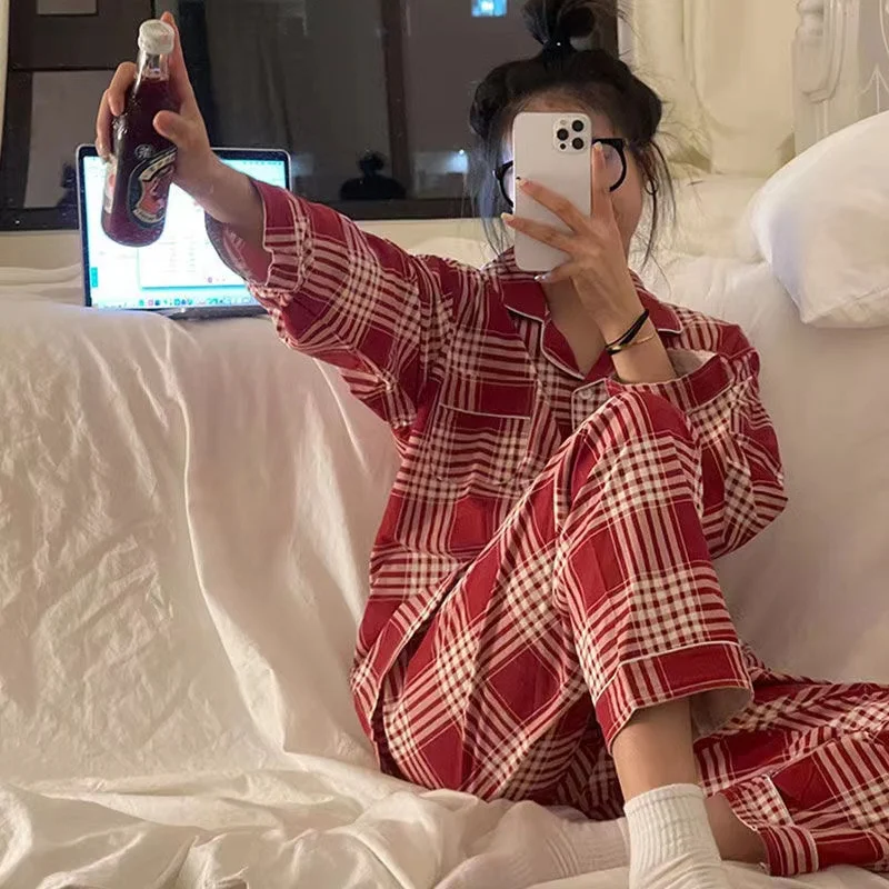 Black Red Plaid Autumn Pajamas Set Women Single Breasted Shirts + Trousers Cotton Vintage Two Piece Home Suit Ins Sleepwear
