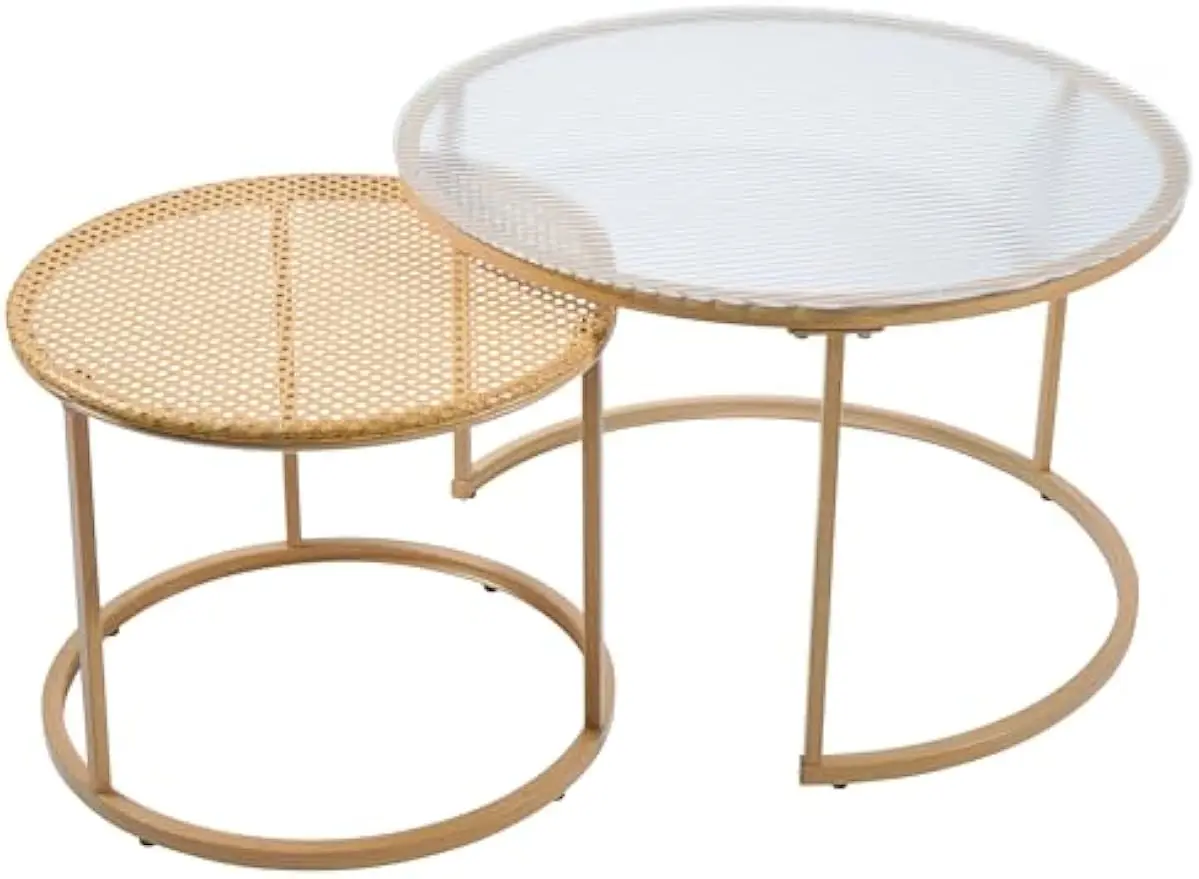 

Rattan-Inspired Round Coffee Table Set - Stylish and Durable Wicker-Look Furniture for Living Room, Patio or Outdoor Spaces