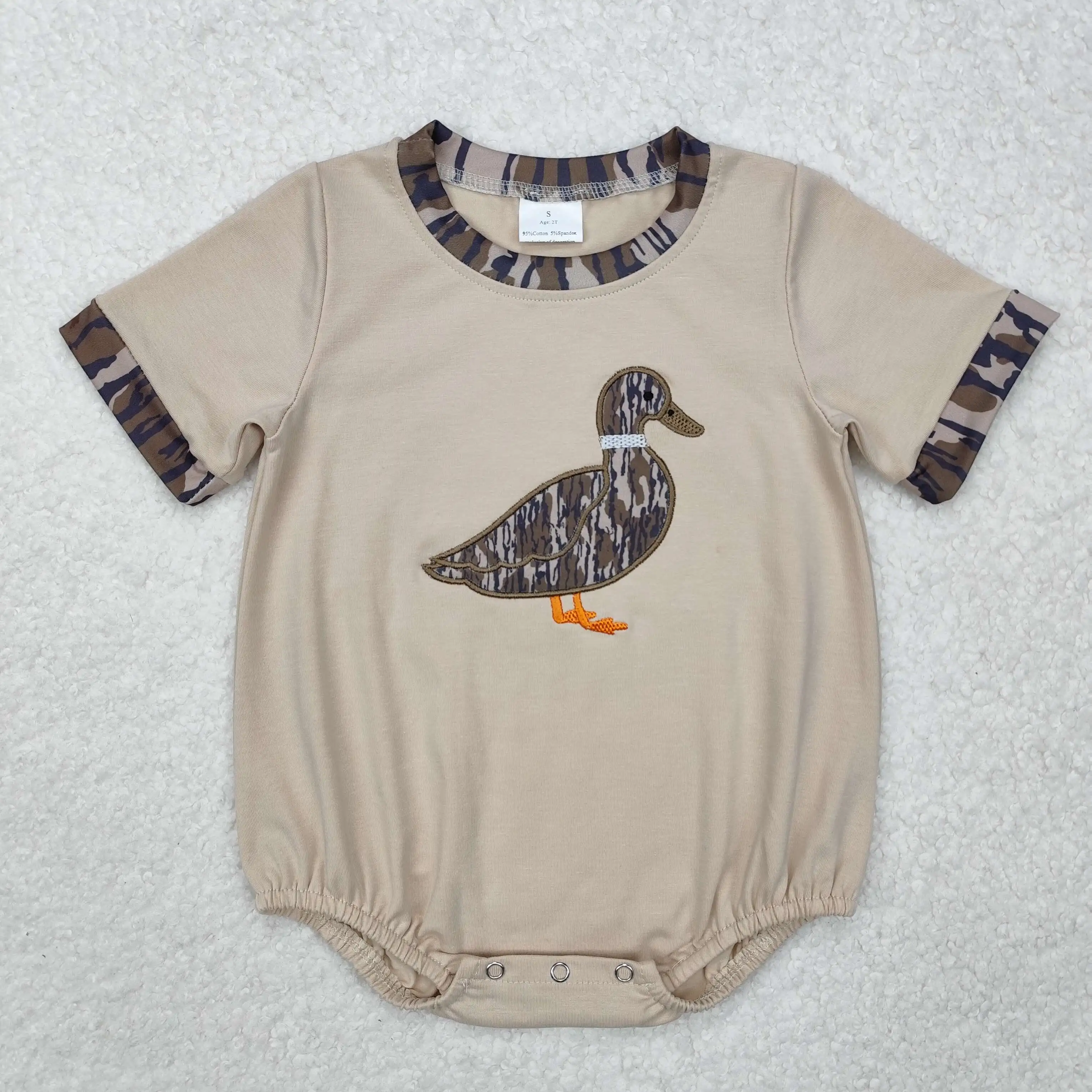 New rts baby boys spring romper wholesale boutique hot sale embroidered camouflage duck short sleeve Boy rompers