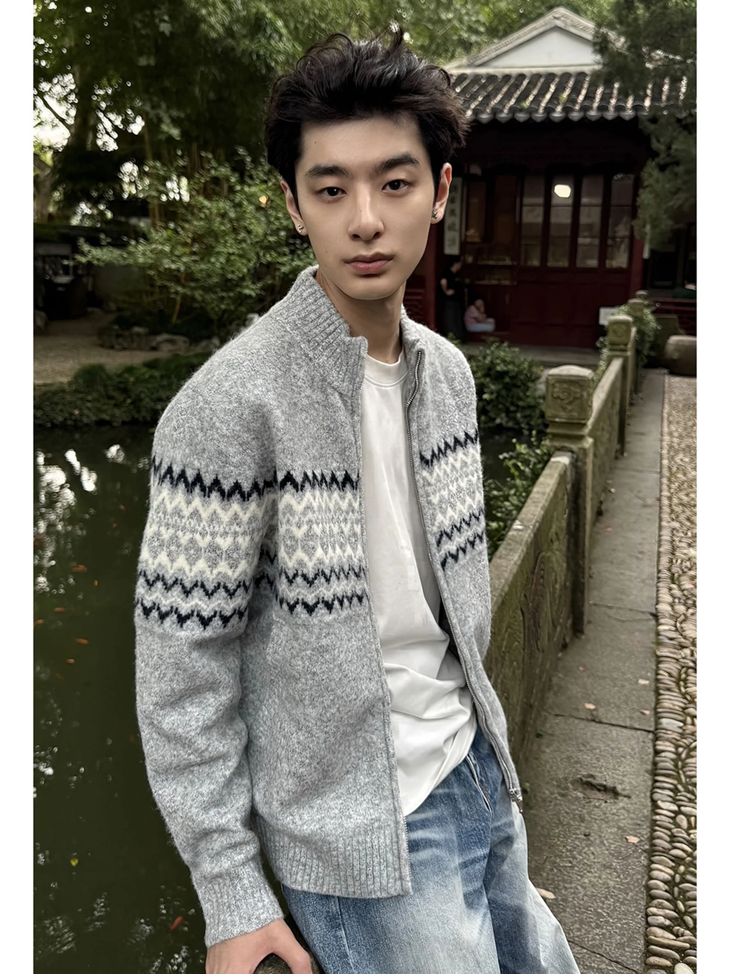 

ay Fair Isle Zipper Knit Cardigan Men's Autumn Winter Lazy High-End Feelings Knitted Sweater Soft Comfortable Retro Sle