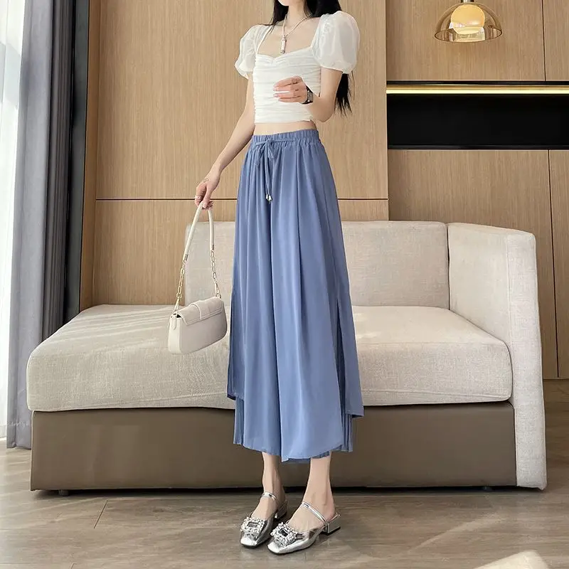 Summer Wide Leg Pleated Cropped Pants High Waist Elastic Fashion Drawstring Female Clothing Basic Patchwork Loose Casual Pants