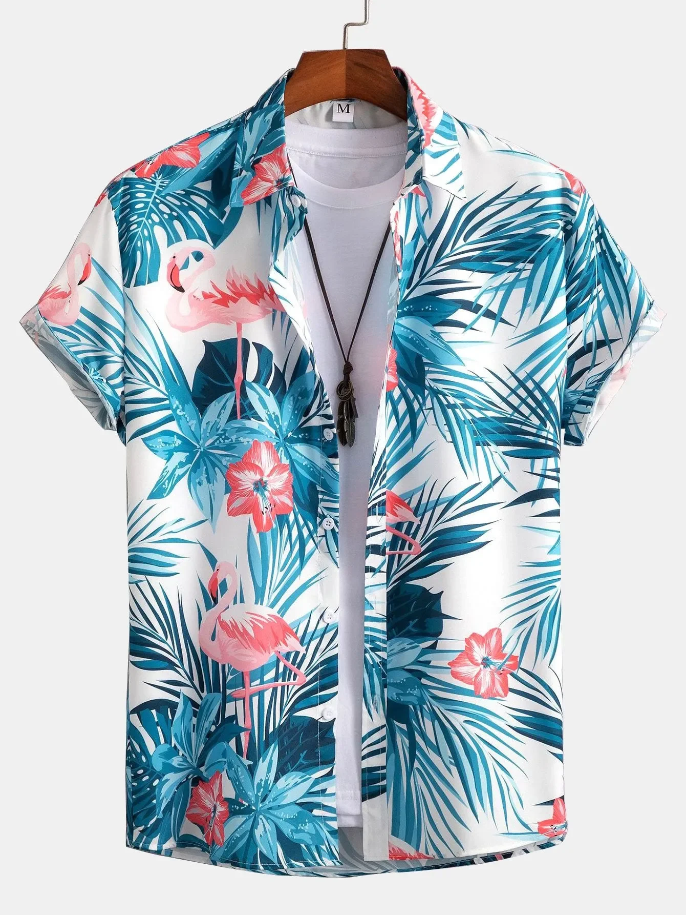 Hawaiian Tropical Floral Flamingo Print Men\'s and Women\'s Short Sleeve Shirts Seaside Lapel Button-Down Shirt Tops