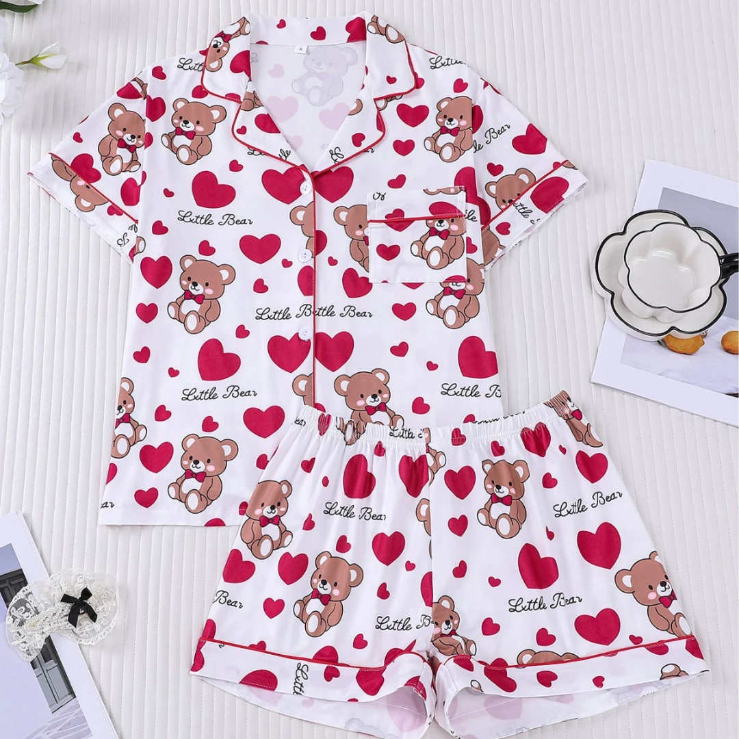 

White Women Pajama Set Easter Themed with Bear and Heart Print Lapel Shorts sleeved and Shorts Pants Home Wear Gifts