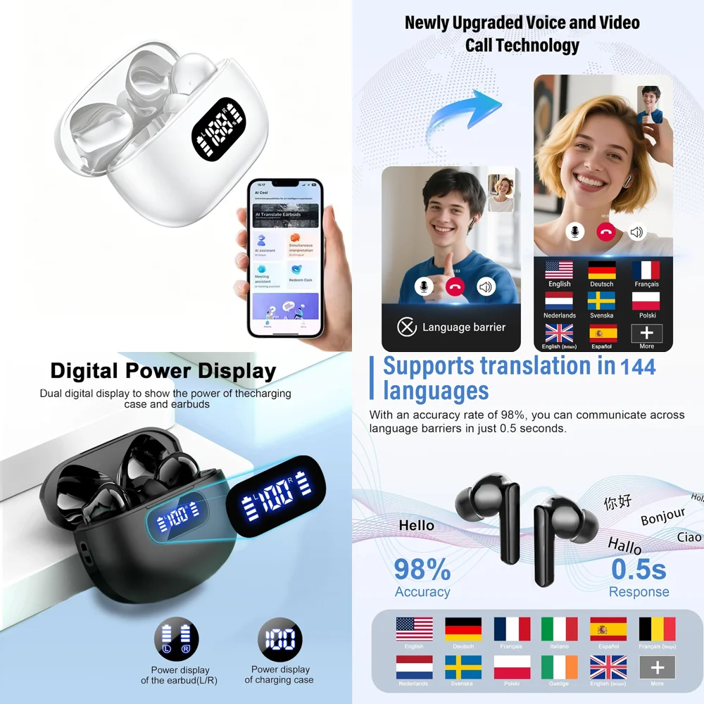 

BT 5.4 TWS Ear Phone Wireless with LED Display TWS AI Language Translation Earphone with 144 Languages Clear Calls Earbuds
