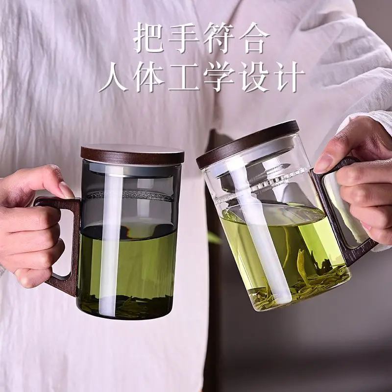 2026 New Shatterproof Glass Tea Mug Filtration Mugs Borosilicate Tea Cups Wooden Handle Office Household Green Tea Cup Business
