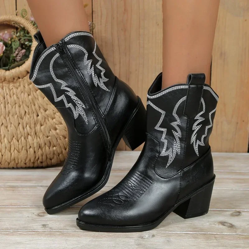 Women Vintage Chunky Heels Western Cowboy Boots Block Heels PU Leather Ankle Booties WomanAutumn Winter Embroidered Knight Boots