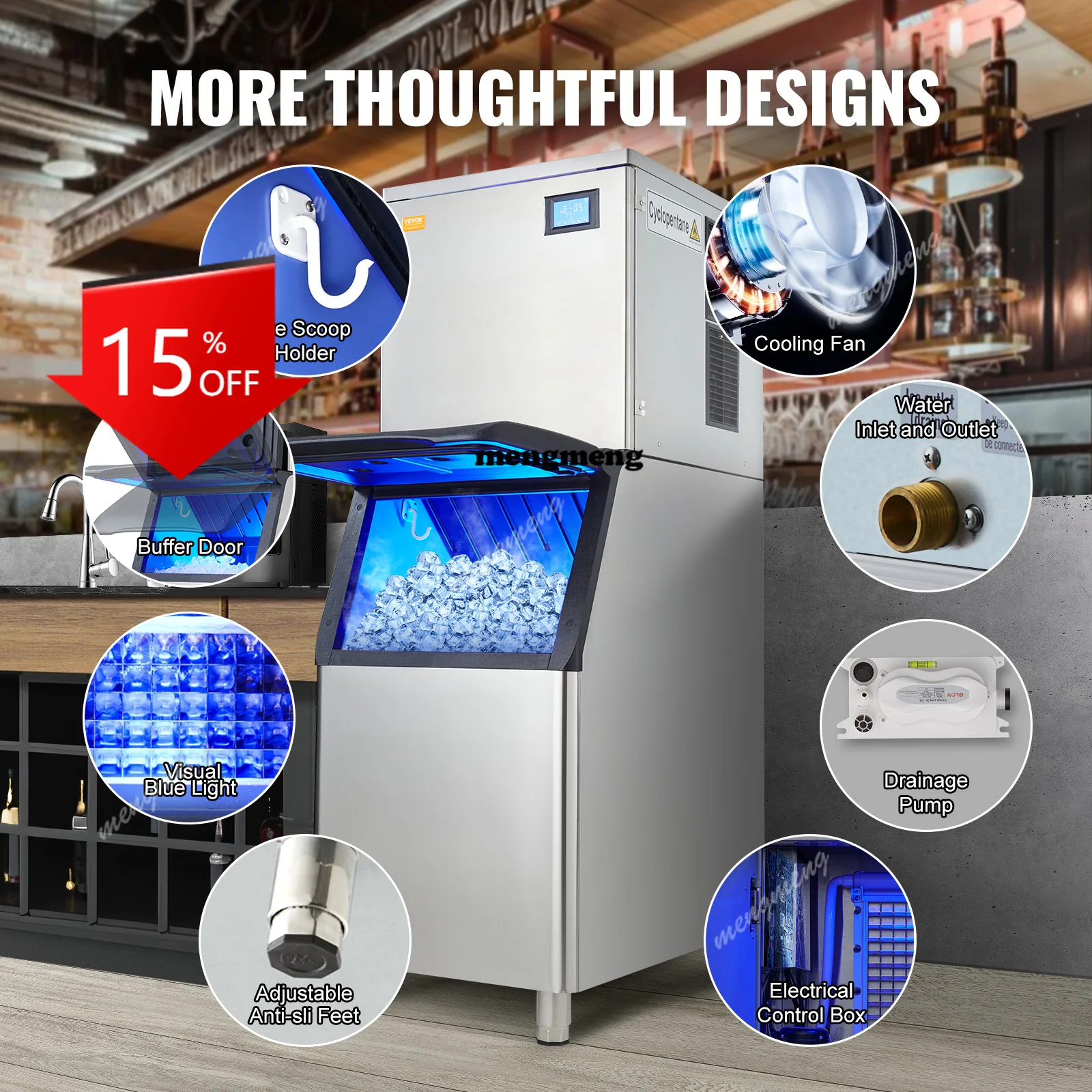 

E132 Commercial Ice Maker 400LBS/24H Ice Making Machine with 330.7 LBS Large Storage Bin 800 W Auto Self-Cleaning Ice Maker