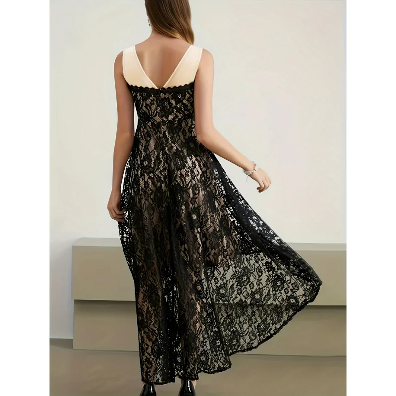 Plus Size European and American Foreign Trade Summer Lace Irregular Hem round Neck Backless Sleeveless Dress