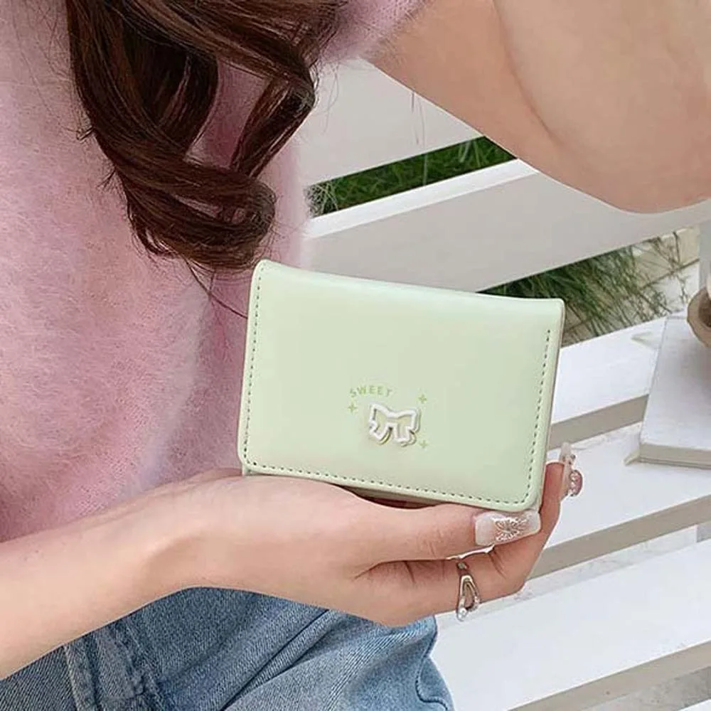 

Pouch Portable Bow Lady Purses PVC Three Fold Short PU Wallet Anti-Splash Water Candy Color Multiple Card Bag Work