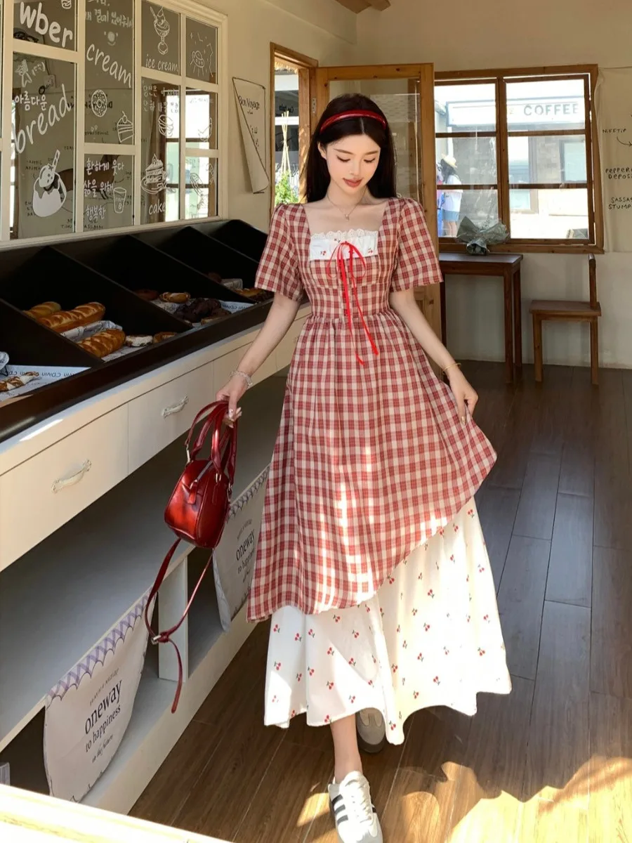 

plus Size Women's Summer New Plaid Lace Splicing Dress High Waist A-Line Long Dress Korean Style Slimming Commute Style Dress