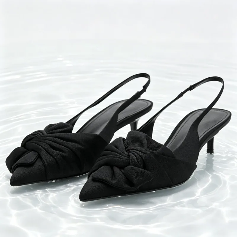 

Black Satin Pleated Bow Design High Heels Women Fashion Pointed Toe Kitten Heel Slingback Sandals Elegant Banquet Dress Shoes