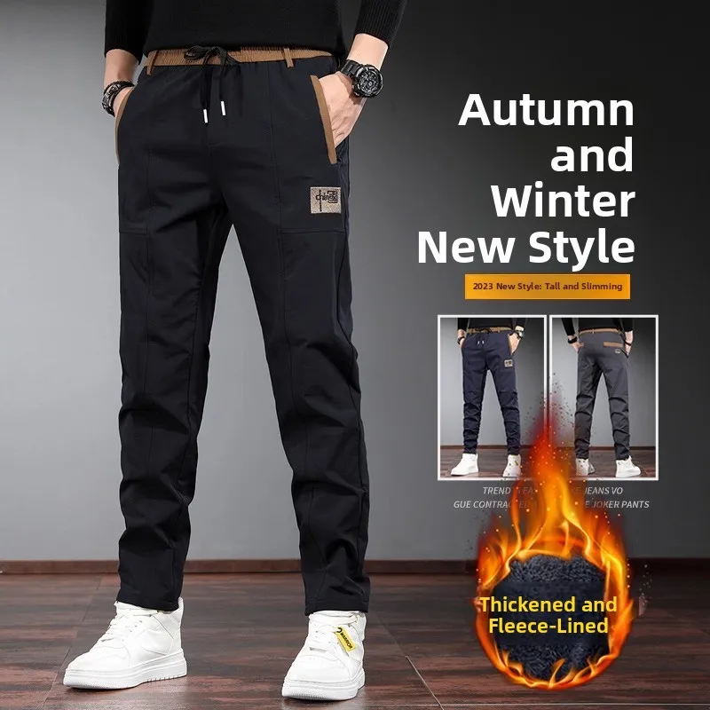 Men's Casual Pants with Zipper Pocket Warmth And Comfortable Work Trousers for Autumn And Winter Loose Fit Straight Leg Jeans