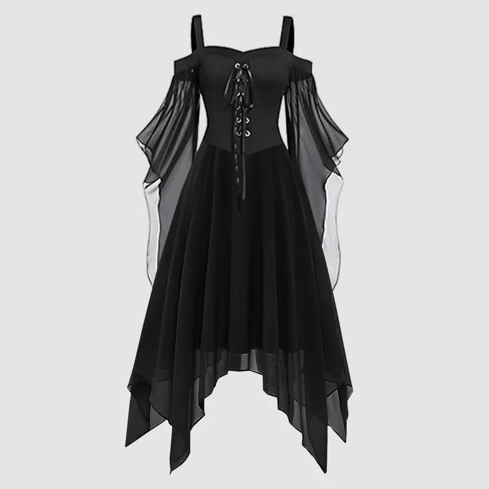 

New Sexy Gothic Black Mesh Halloween Witch Dress Party Costume Off Shoulder Irregular Suspenders Corset Party Dress