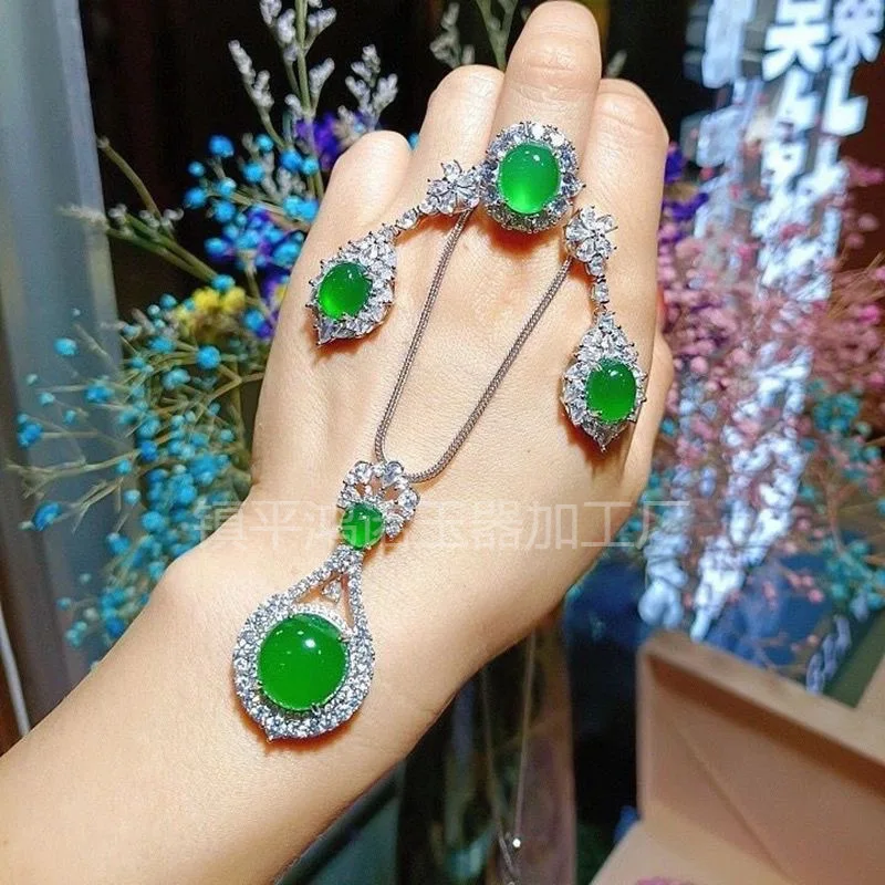 925 silver set with high-quality chalcedony large cabochon, including ring, earrings, and necklace
