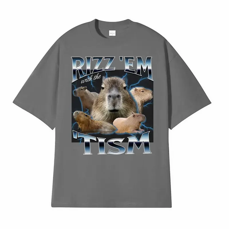 Rizz Em with The Tism Retro T Shirt Funny Cute Kawaii Capybara Meme T-shirt Men\'s Women Casual Fashion Humor Short Sleeve Tshirt