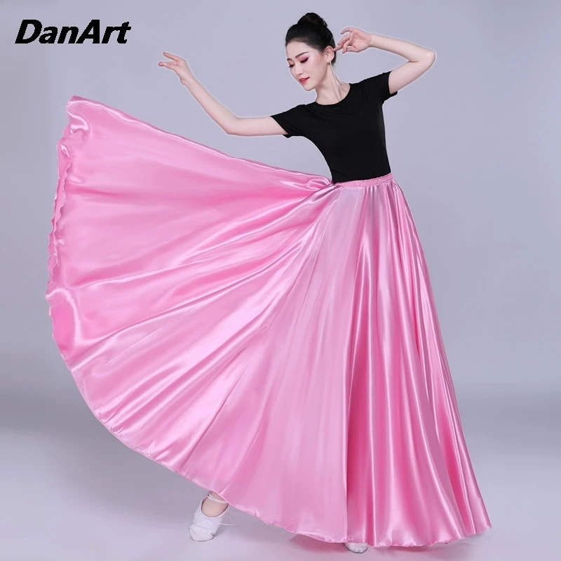 360/540/720 Degree Satin Skirt Women Belly Dance Gypsy Long Skirts 19 Colors Stage Performance Costume Practice Wear Clothing