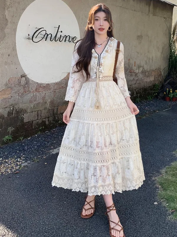 Retro chique renda emendada bege borla em camadas gancho flor oco vestidos para mulheres boêmio estilo férias bolo de fadas vestido longo