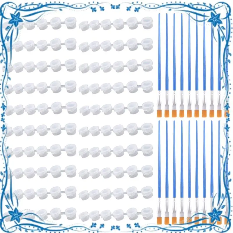 

20 Strips 120 Pots Empty Paint Pots Strips Mini Clear Storage Containers And 20 Pcs Paint Brushes Painting Arts Crafts