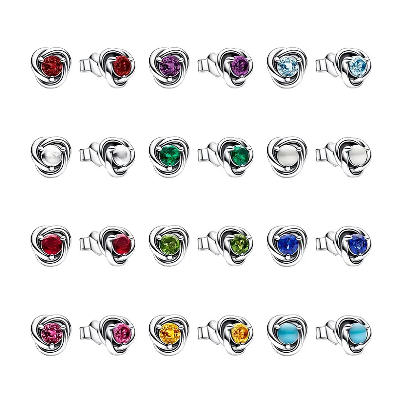 

Zodiac Eternity Circle Ear Piercing Stud Earrings For Women Silver 925 Jewelry Infinity Braid Prong Setting Crystal Zircon Pearl