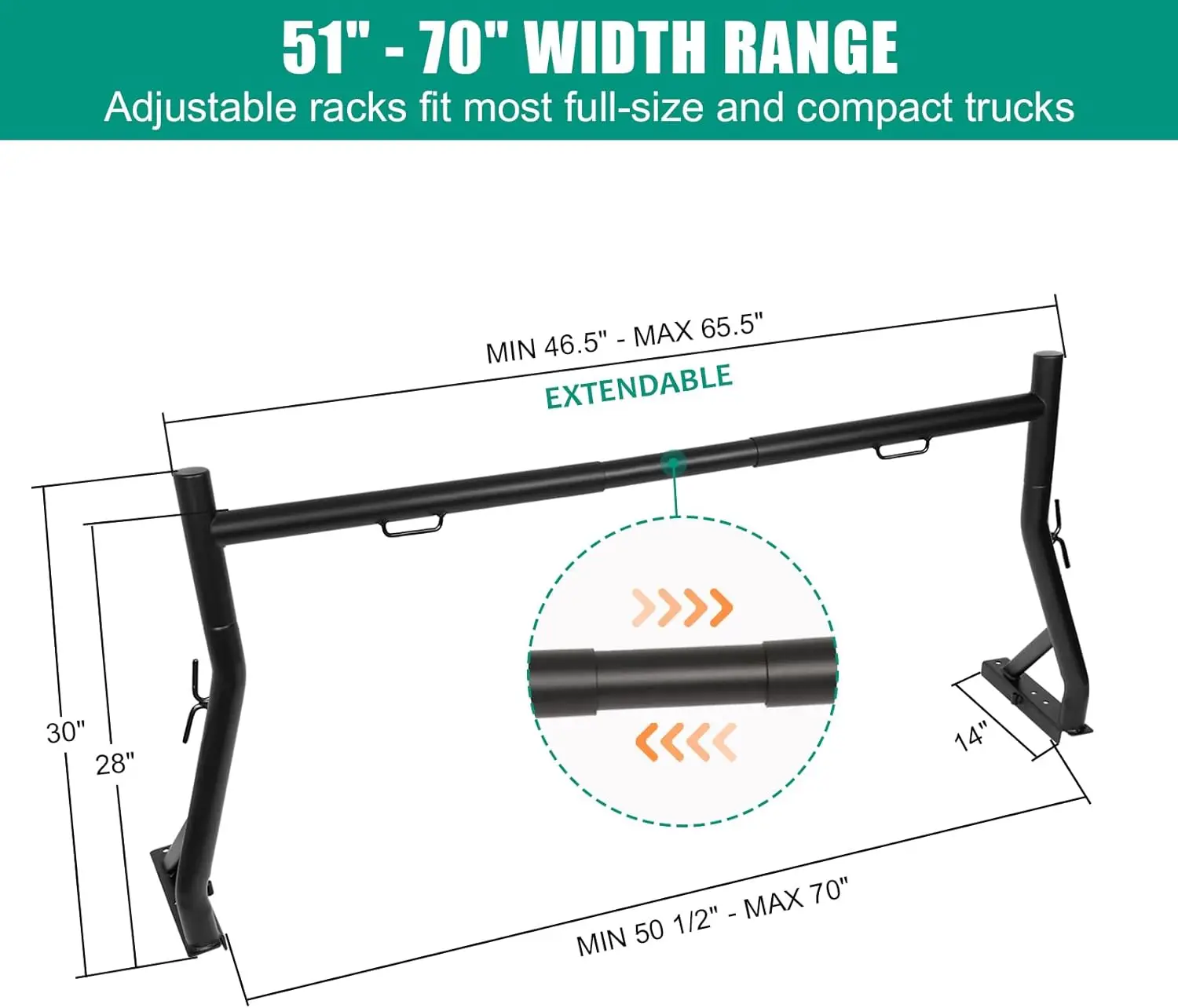 Truck Bed Use, Steel Material, 800 lb. Capacity, Extendable, Non-Drilling, Fit 52\