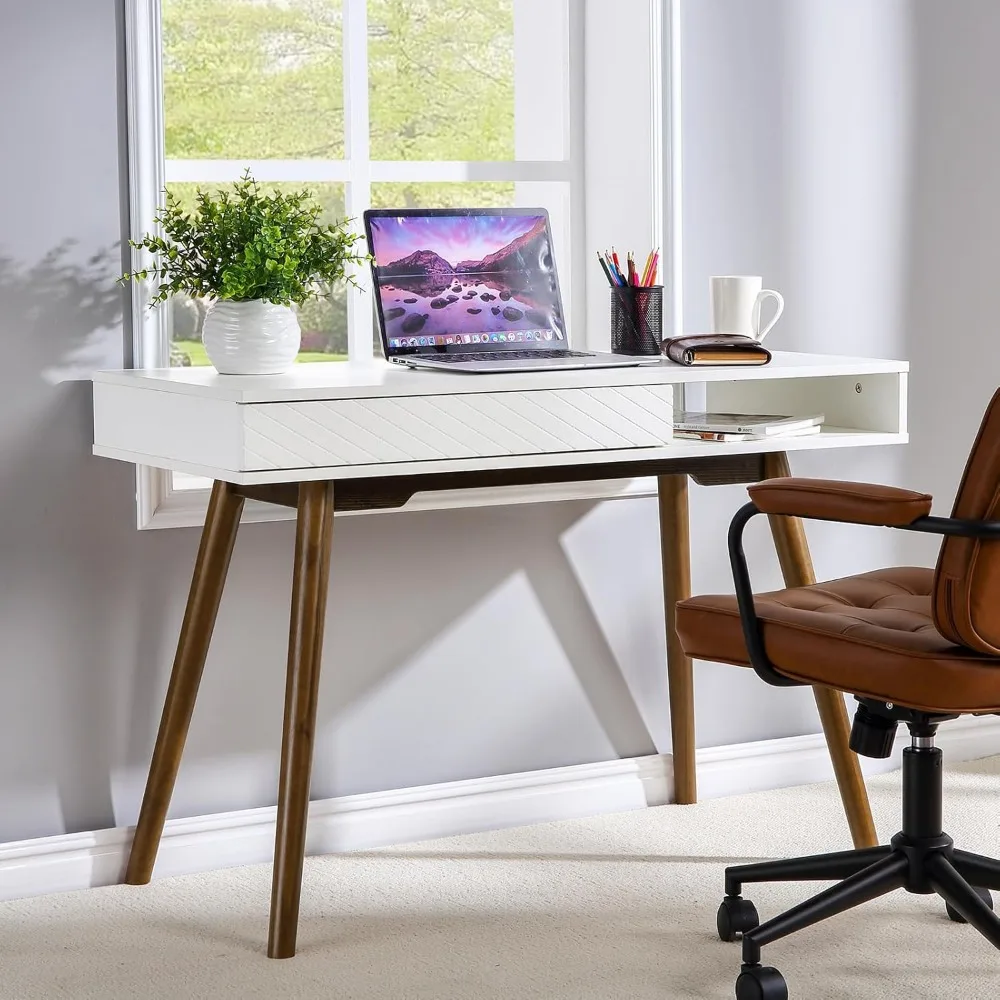 Modern Simple Home Office Desk, Mid Century Modern Computer Writing Desk with Drawer Solid Wood Legs and Open Storage Cubby, Sm