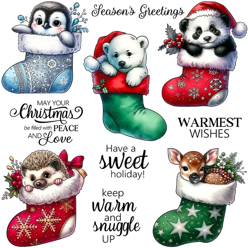 

Animals In Christmas Stockings Cutting Dies Clear Stamp DIY Scrapbooking Metal Dies Silicone Stamp For Cards Albums