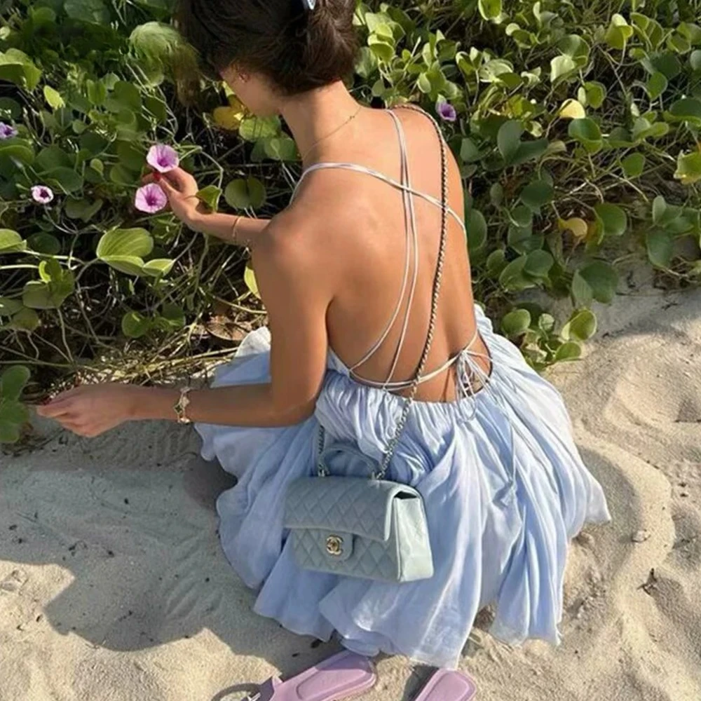 ชุดเดรส KONDALA สีม่วงเก๋ไก๋ ดีไซน์หรูหราแบบหลายชั้น โชว์หลังเซ็กซี่ เหมาะสำหรับงานปาร์ตี้วันหยุด แฟชั่นฤดูร้อน 2025 ชุดเดรสชายหาดแบบไม่มีแขน