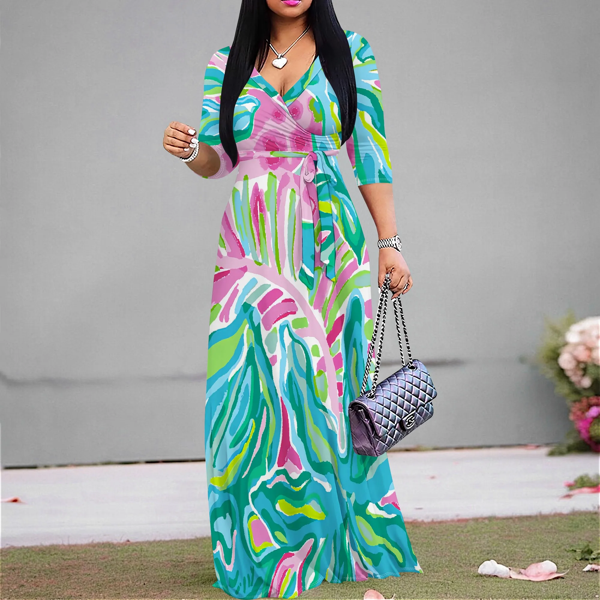 

Colorful Tropical Maxi Dress S-3XL – Abstract Leaf Print Wrap Dress for Beach Vacation or Cruise Look