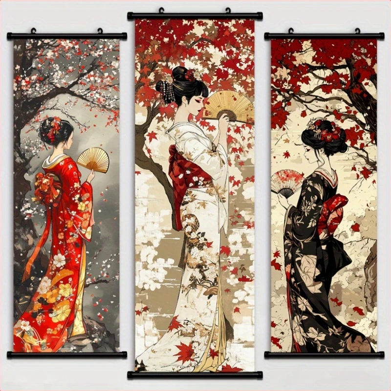 Japanese Lifestyle Goods - VIKAM Ukiyo-e Geisha Triptych Scroll Tapestry,