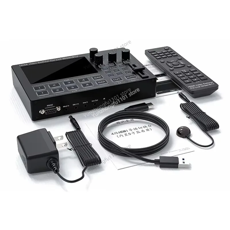4 Channel HDMI Video Switcher 4 in 2 Out With Screen 1080P Live Streaming Mixer Mic Line In For Camera Capture Recording
