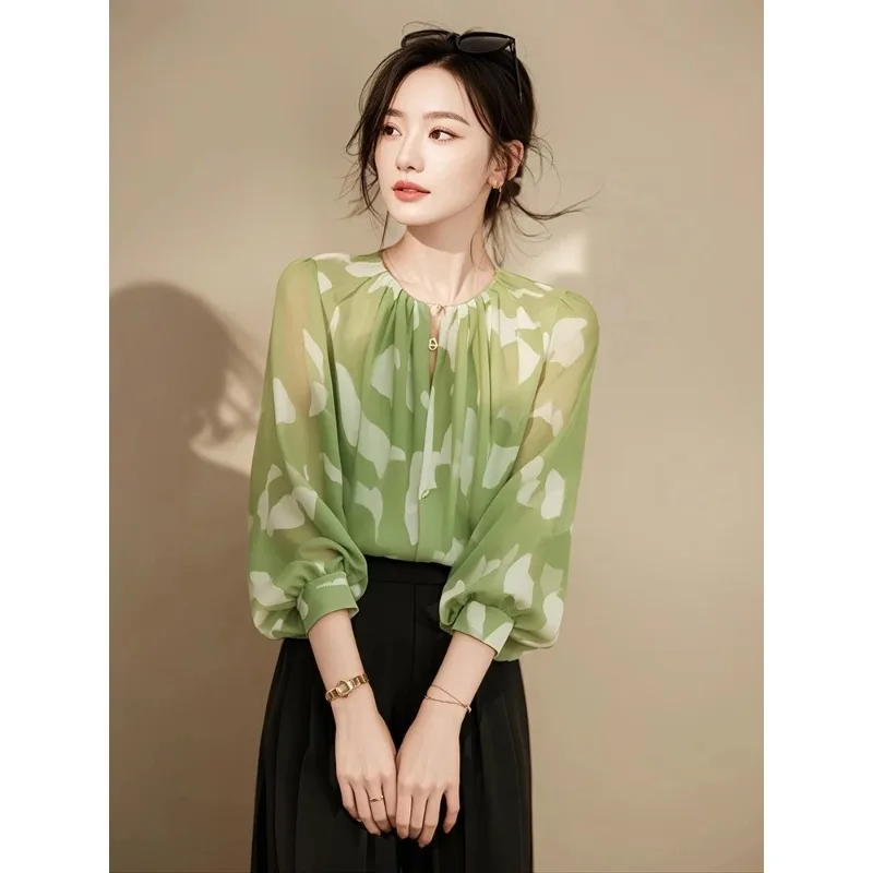 Women Clothes Spring Autumn Fashion Simplicity Elegant Printing O-neck Chiffon Women Shirts All-match Temperament Long Sleeve To