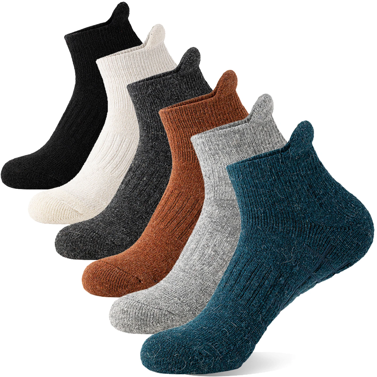 6 Paar Merino-Woll-Knöchelsocken zum Wandern und Laufen, Kompressionssocken mit Dicker Polsterung, Atmungsaktive Unsichtbare Socken für Männer und Frauen