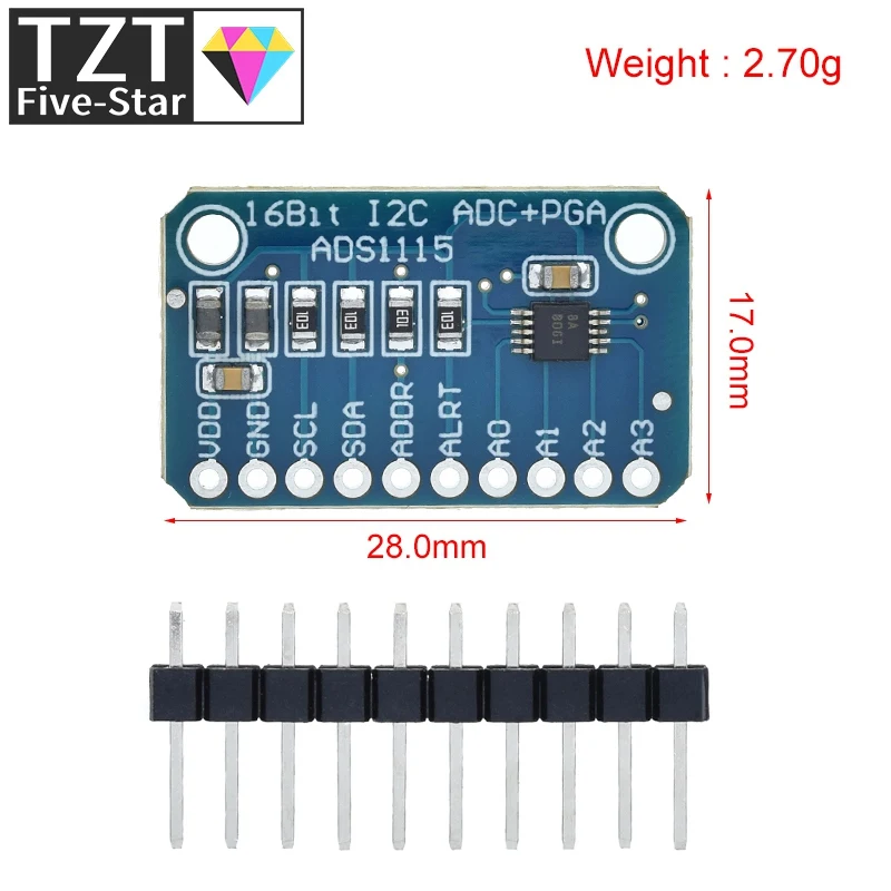 ADS1115 16 Bit I2C Module Precision ADC 4 Channel Development Board Pro Gain Amplifier 2.0V to 5.5V for Arduino RP