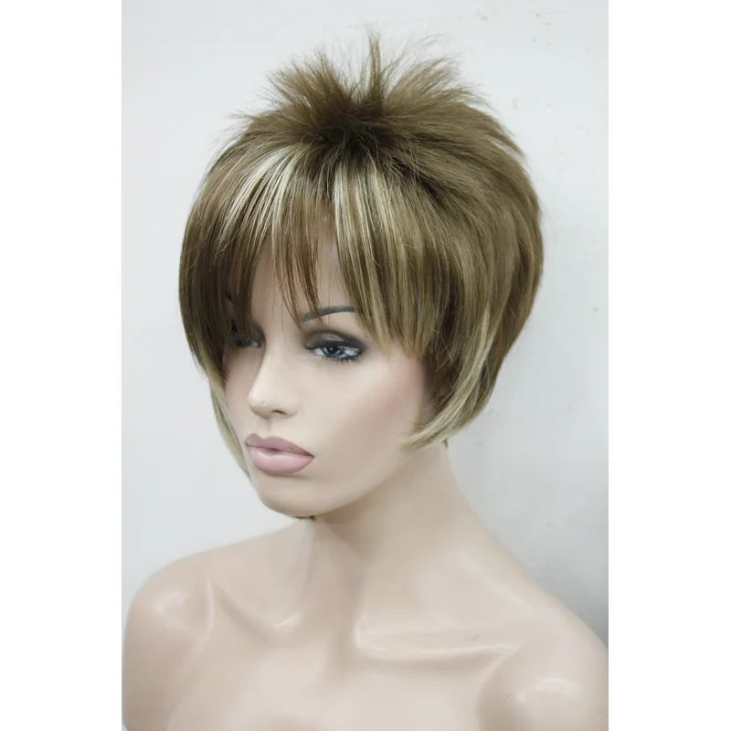 

Коричневый блондин, смешанная боковая челка, короткие прямые синтетические волосы, женский парик