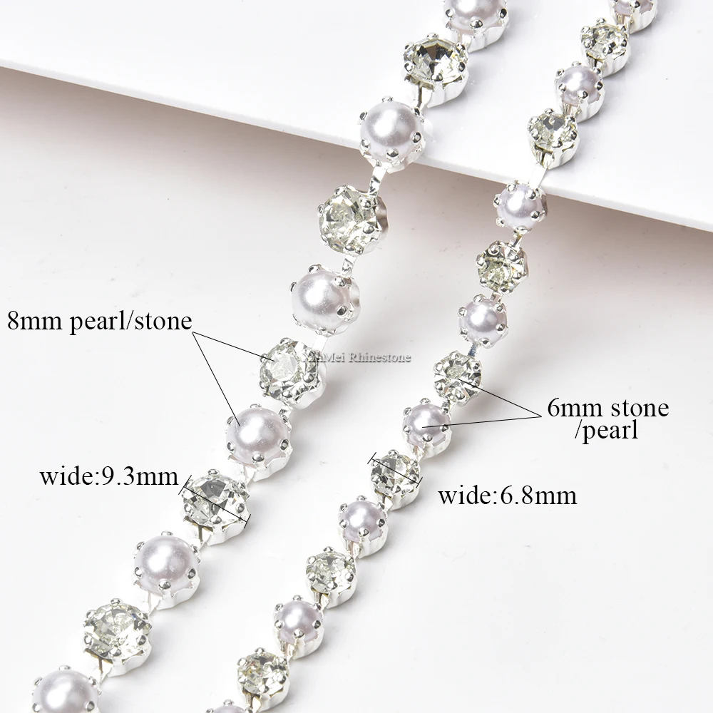 1 Meter 6-8mm Pearl Rhinestone Trim Bling Decorative Metal Crystal Cup Chain Clothing Sewing Craft Diy Jewelry Accessories