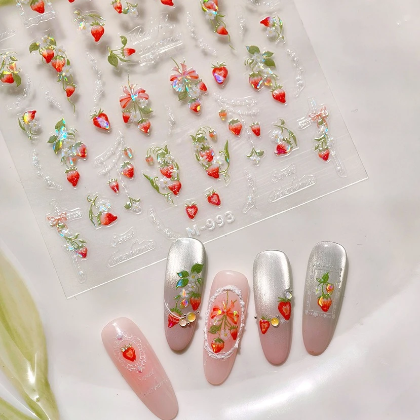 Morango retro renda borda flor adorável fruta pérola pingente folhas auto adesivo arte do prego adesivos manicure decalque atacado