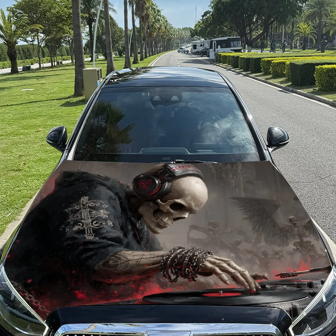 

Dark Skull Musician Print car hood stickers, waterproof self-adhesive, scratch resistant, easy to stick, durable car PVC sticker