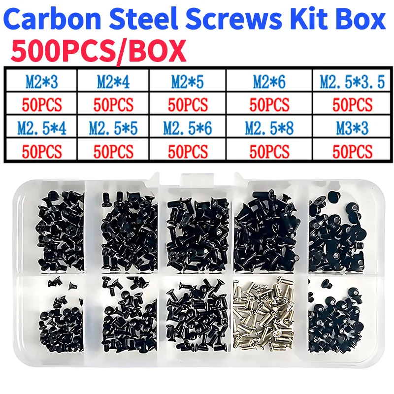 500pcs/box M2 M2.5 M3 Carbon Steel Screws Flat Head Phillips Machine Screws Laptop Notebook Set Kit Computer Small Black Screw