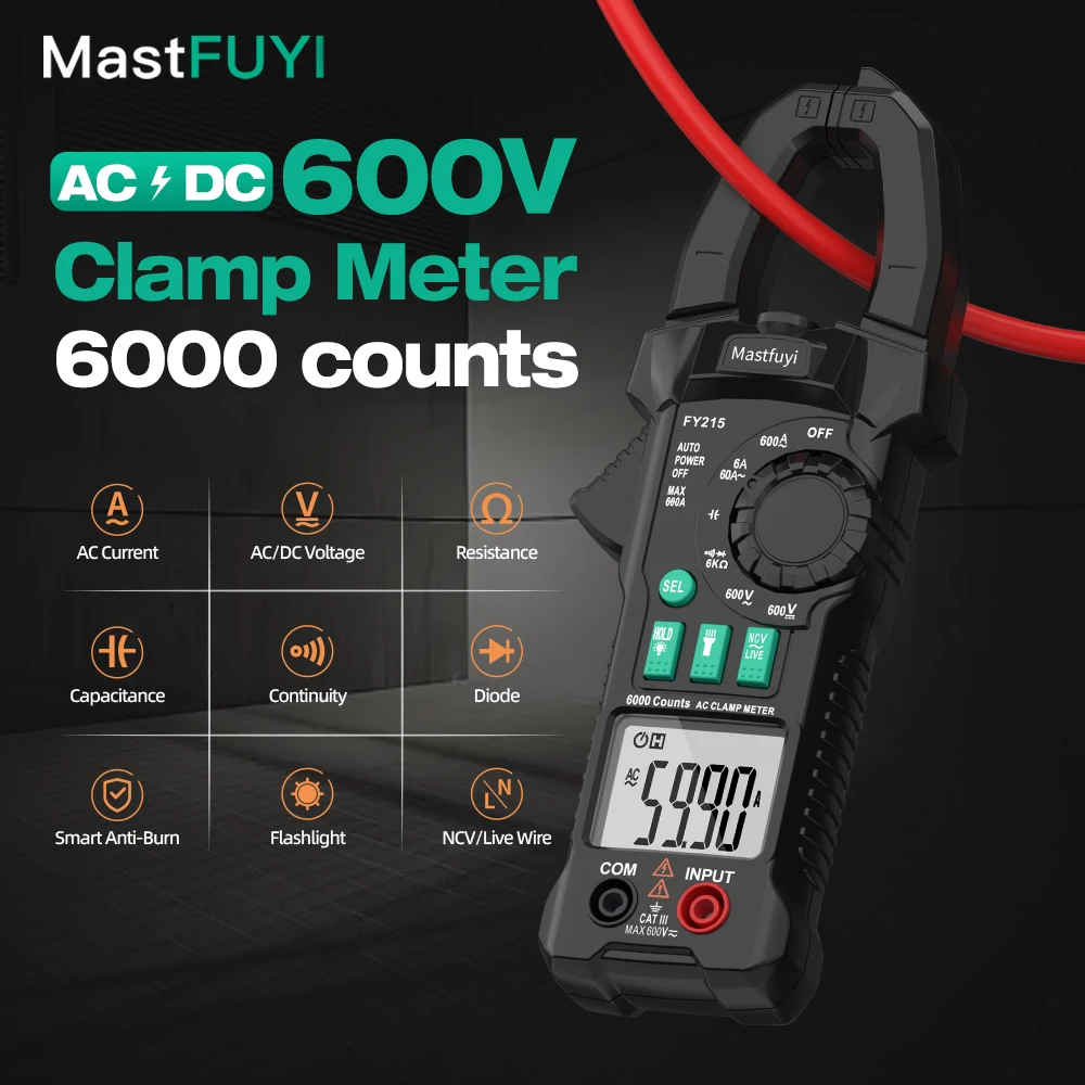 

MASTFUYI Digital Clamp Meter 6000 Counts TRMS AC Current Tester NCV Multimeter 600A AC Anti-Burn Portable with Data Hold