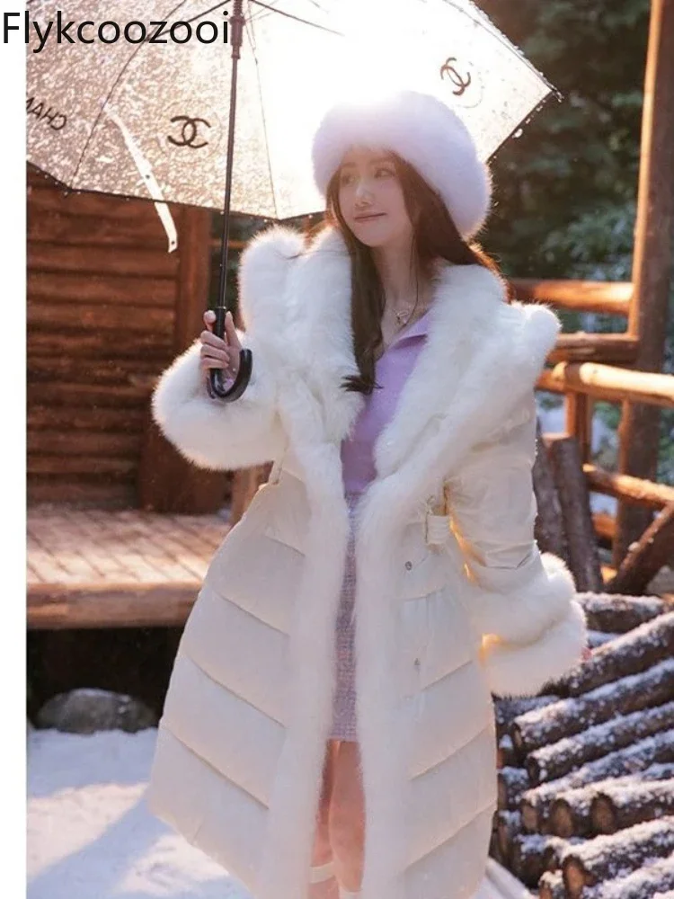 2024 Winter New Fashion White Fur Collar Waist Mid-length Down Jacket Mainland China Fashion Design Winter Coat Women