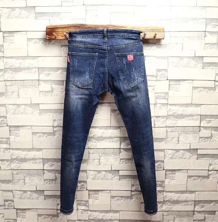 Spiritual Guy Blue Denim Men's Korean Brand Trousers Scratched Stretch Slim Small Feet Elastic Mens Street Wear Skinny Jeans