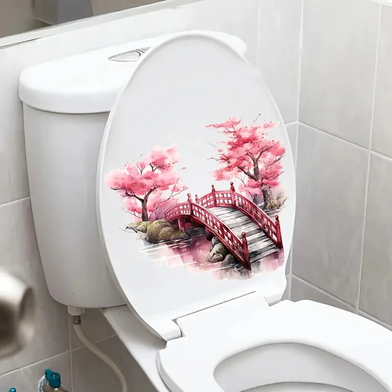 MT1299 # ملصق مرحاض Cherry Blossom and Bridge - ديكور حمام ذاتي اللصق مع تصميم مناظر طبيعية صامتة، شجرة وردية متفتحة #3