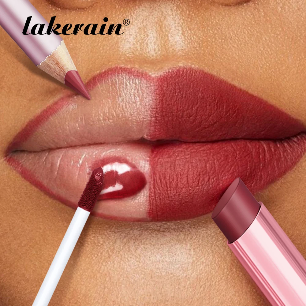 Lakerain 3 pièces ensemble de maquillage pour les lèvres effet miroir lisse rendu des couleurs élevé hydratation longue durée crayon à lèvres brillant à lèvres ensemble de rouge à lèvres